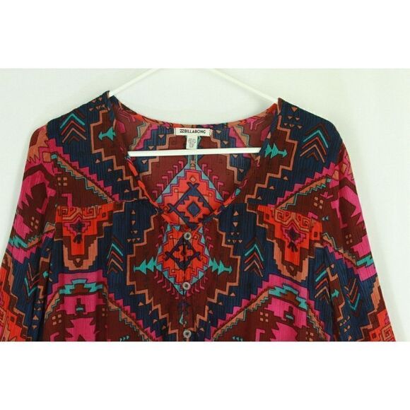 Billabong Tribal Aztec Tunic Top Button Front Long Sleeve Beachy Womens Small - Picture 2 of 8